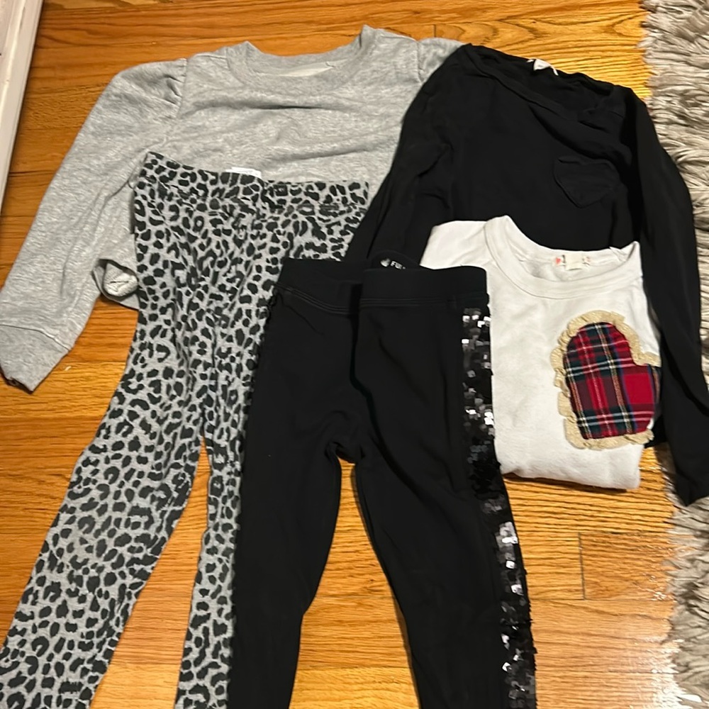 Jcrew leggings size 7; gap grey size 6-7; black and beige j crew shirt 6-7